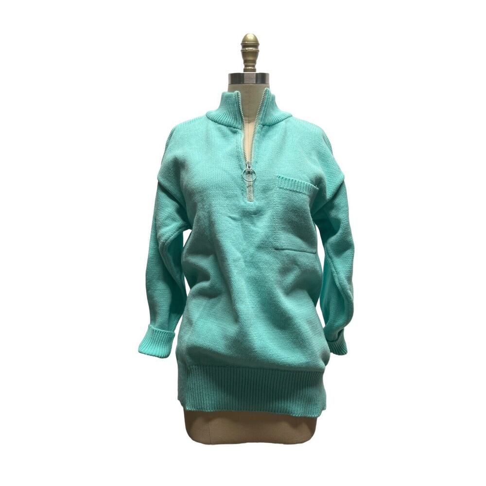 Vintage Evian Knit 80s Sweater Sz M Zip Mock Neck Acrylic Sweater w/ Pocket